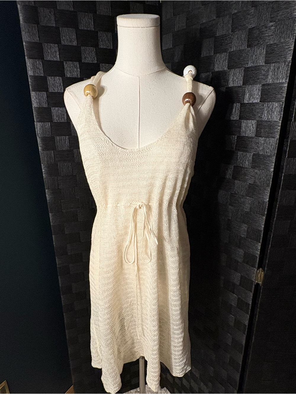 Smitten Linen Cream Knit Drawstring Beach Cover UP Sundress Beaded Shoulders